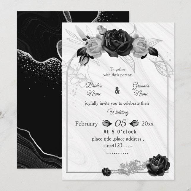silver grey& black botanical geometric wedding invitation (Front/Back)