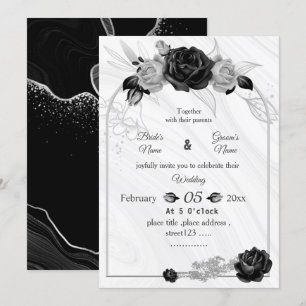 silver grey& black botanical geometric wedding invitation