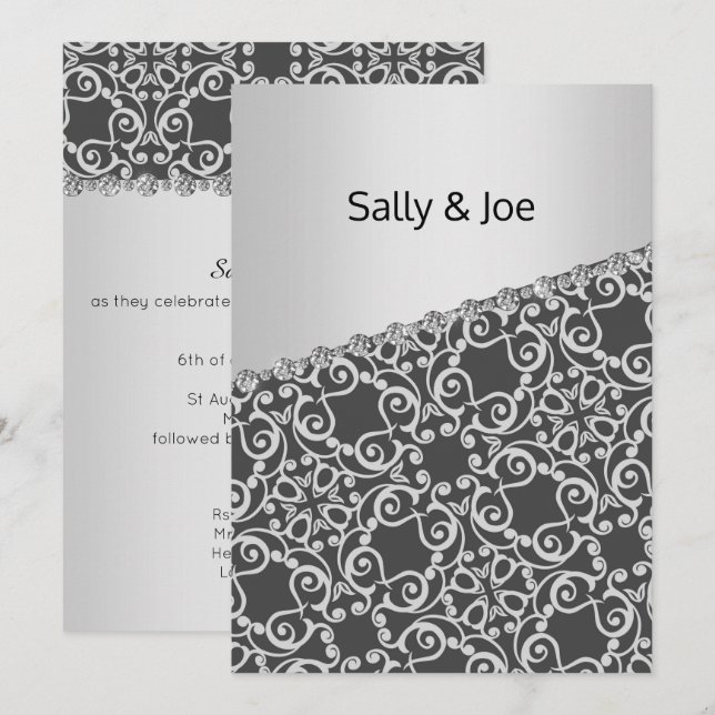 Silver Grey Black Diamond Wedding Engagement Invitation (Front/Back)