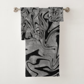 Silver Grey & Black Elegant Glam Marble Swirl Bath Towel Set