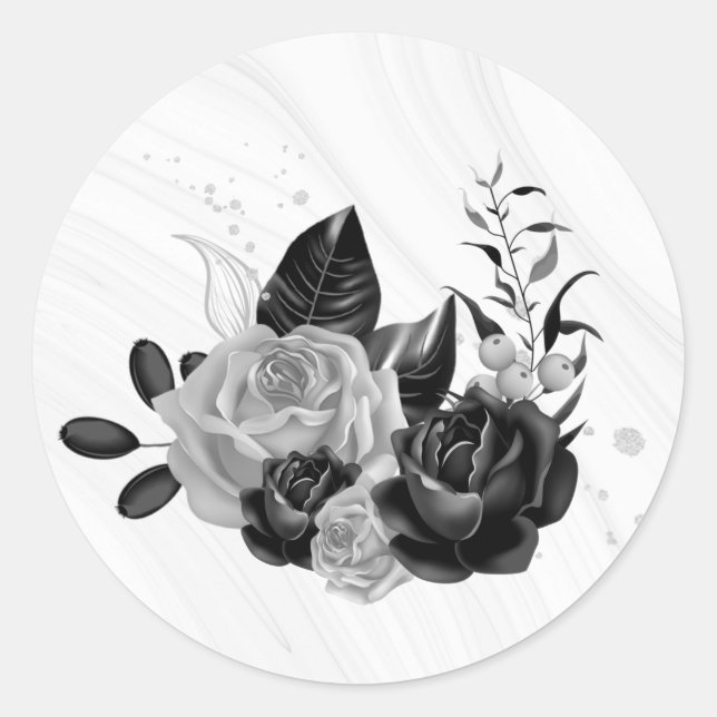 silver grey & black floral wedding classic round sticker (Front)