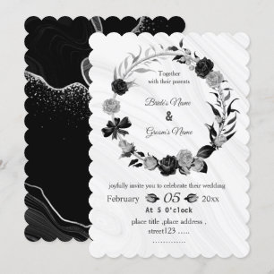 silver grey & black floral wreath wedding invitation