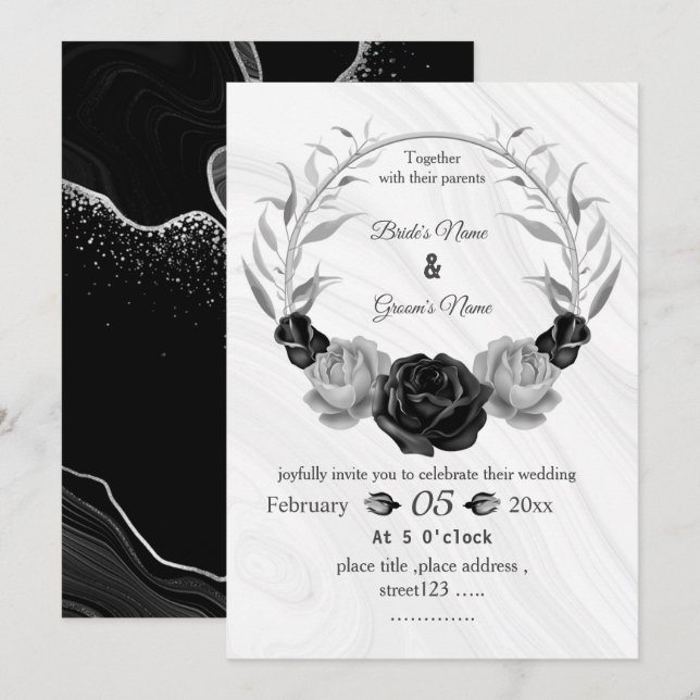 silver grey & black floral wreath wedding invitation (Front/Back)