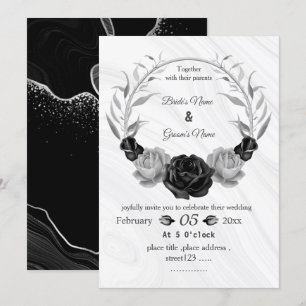 silver grey & black floral wreath wedding invitation