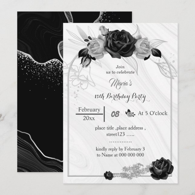 silver grey & black flowers birthday  invitation (Front/Back)
