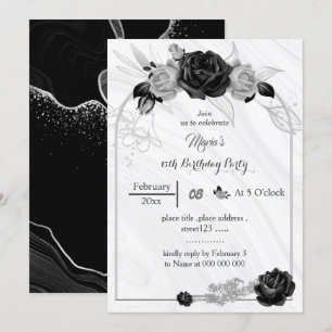 silver grey & black flowers birthday  invitation