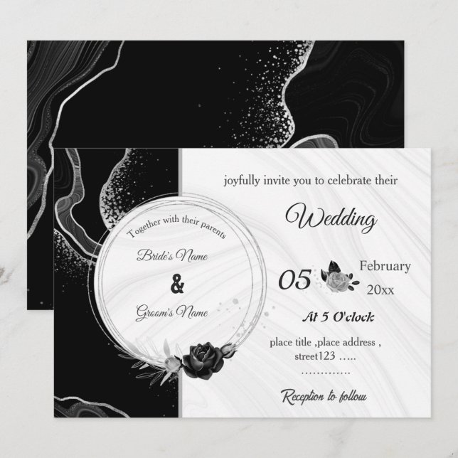 silver grey & black flowers botanical wedding invitation (Front/Back)