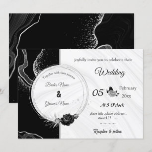 silver grey & black flowers botanical wedding invitation