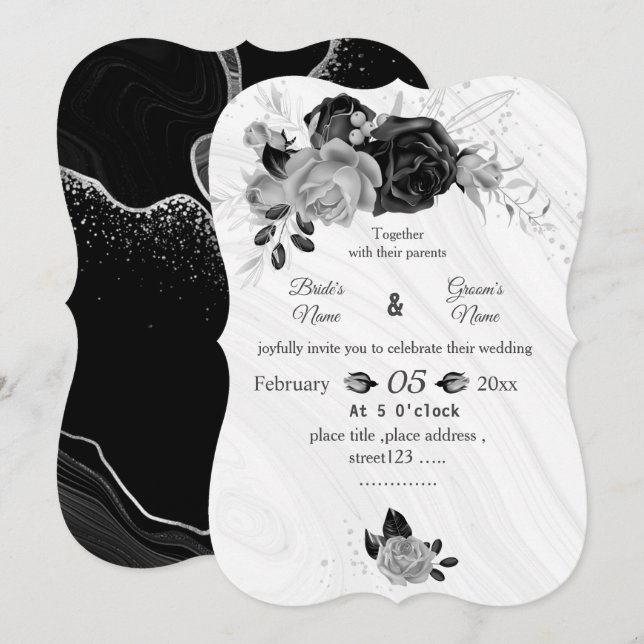 silver grey & black flowers botanical wedding invitation (Front/Back)