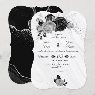 silver grey & black flowers botanical wedding invitation