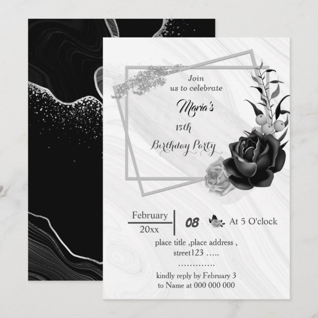 silver grey & black flowers geometric birthday  invitation (Front/Back)