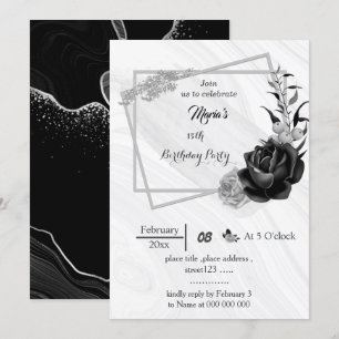silver grey & black flowers geometric birthday  invitation