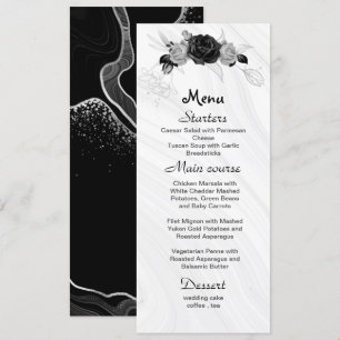 silver grey & black flowers wedding menu