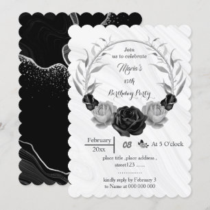 silver grey & black flowers wreath birthday  invitation