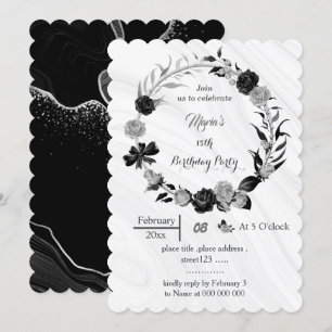 silver grey & black flowers wreath birthday  invitation