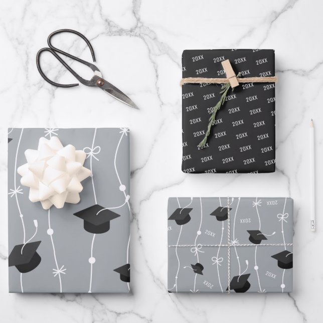 Silver Grey & Black Graduation Cap Toss Wrapping Paper Sheet (Front)