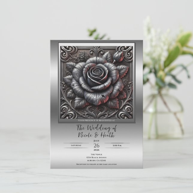 Silver Grey & Black Rose Elegant Gothic Wedding  Invitation (Standing Front)