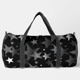 silver grey black stars print duffle bag