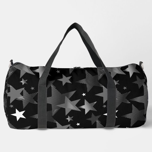 silver grey black stars print duffle bag (Front)