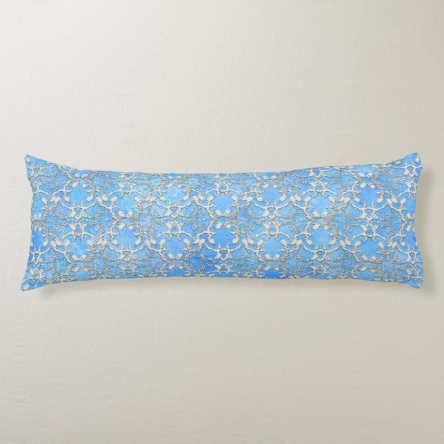 Silver Grey Blue Dancing Scrolls Pattern Body Cushion (Front)