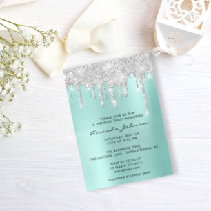 Silver Grey Blue Glitter Effect Drip Birthday Invitation