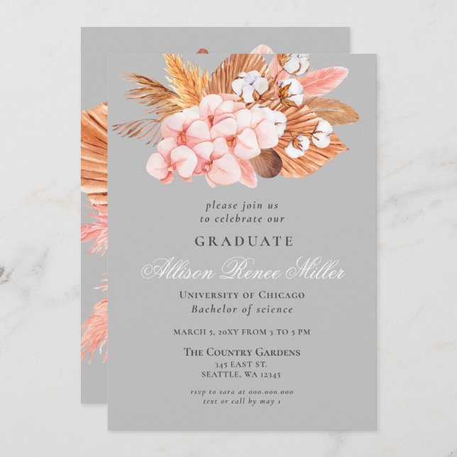 Silver Grey Boho Pampas Floral Graduation Party Invitation (Front/Back)