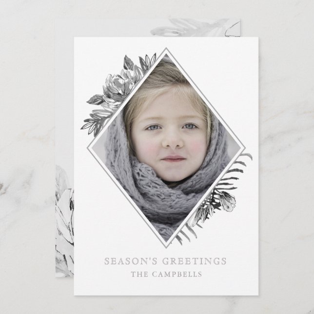 Silver Grey Botanical Elegant Photo Holiday Card (Front/Back)