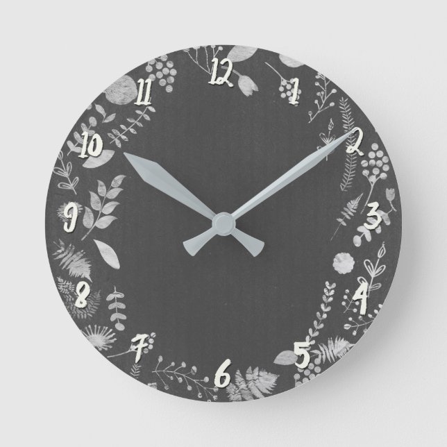 Silver Grey Botanical Leaves Personalised Custom Round Clock (Front)