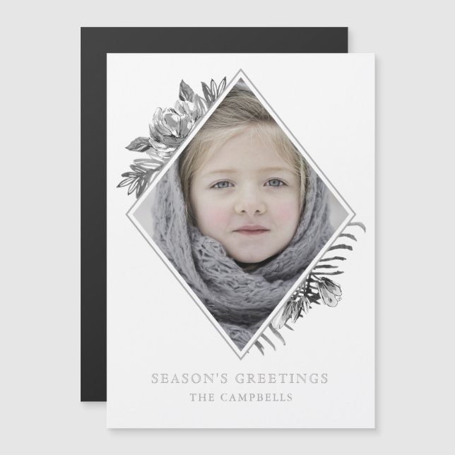 Silver Grey Botanical Photo Holiday Magnetic Card (Front/Back)