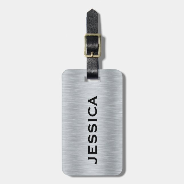 Silver-grey brushed aluminium texture luggage tag (Front Vertical)