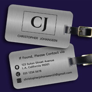 Silver Grey Brushed Metal Black Bold Monogrammed  Luggage Tag
