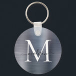 Silver Grey Brushed Metal Girly Script Monogram Key Ring<br><div class="desc">Silver Grey Steel Brushed Metal Girly Script Monogram Keychain</div>