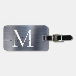 Silver Grey Brushed Metal Script Monogram Cute Luggage Tag