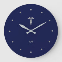 Silver Grey Caduceus on Navy Blue Round Clock