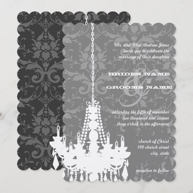 Silver & Grey Chandeliers Damask Wedding Invite (Front/Back)
