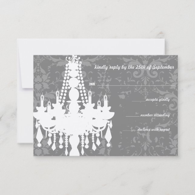 Silver & Grey Chandeliers Damask Wedding RSVP (Front)