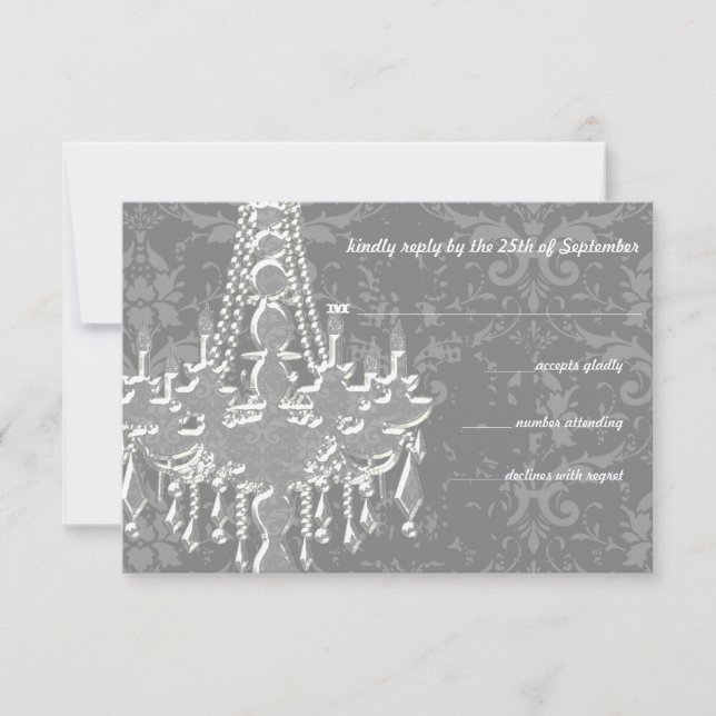 Silver & Grey Chandeliers Damask Wedding RSVP (Front)