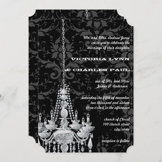 Silver & Grey Chandeliers Victorian Damask Wedding Invitation (Front/Back)