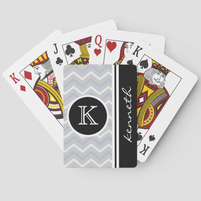 Silver Grey Chevron Black Monogram Name Custom Playing Cards (Back)