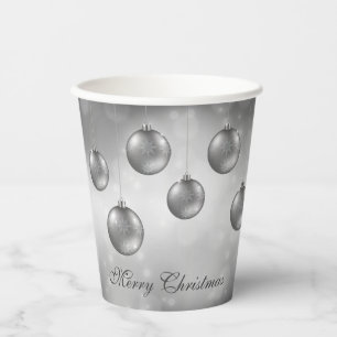 Silver Grey Christmas Baubles On Grey Bokeh Paper Cups