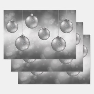Silver Grey Christmas Baubles On Grey Bokeh Wrapping Paper Sheet