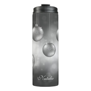 Silver Grey Christmas Baubles With Custom Name Thermal Tumbler