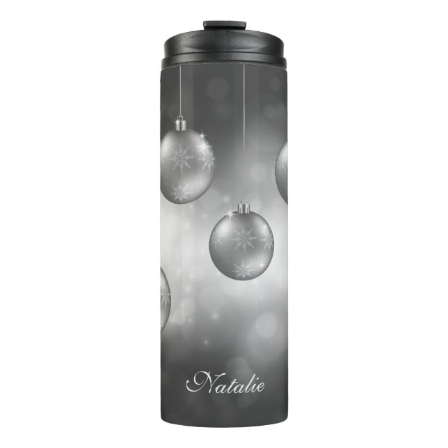 Silver Grey Christmas Baubles With Custom Name Thermal Tumbler (Front)