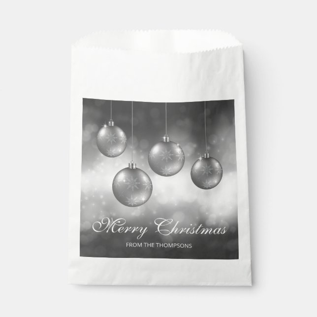 Silver Grey Christmas Baubles With Custom Text Favour Bags (Front)