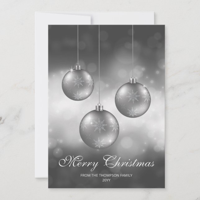 Silver Grey Christmas Baubles With Custom Text Holiday Card (Front)