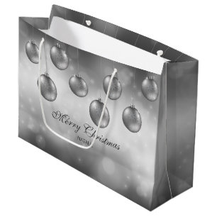 Silver Grey Christmas Baubles With Custom Text Large Gift Bag