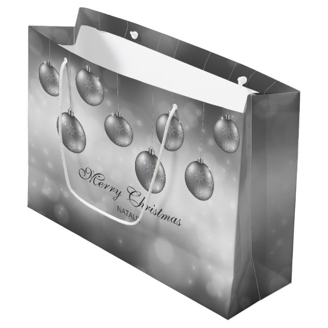 Silver Grey Christmas Baubles With Custom Text Large Gift Bag (Front Angled)