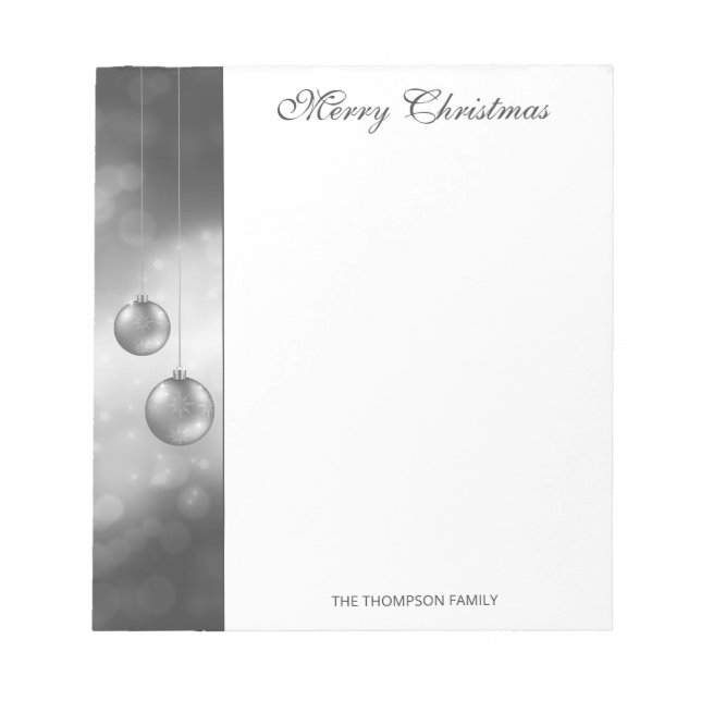 Silver Grey Christmas Baubles With Custom Text Notepad (Front)