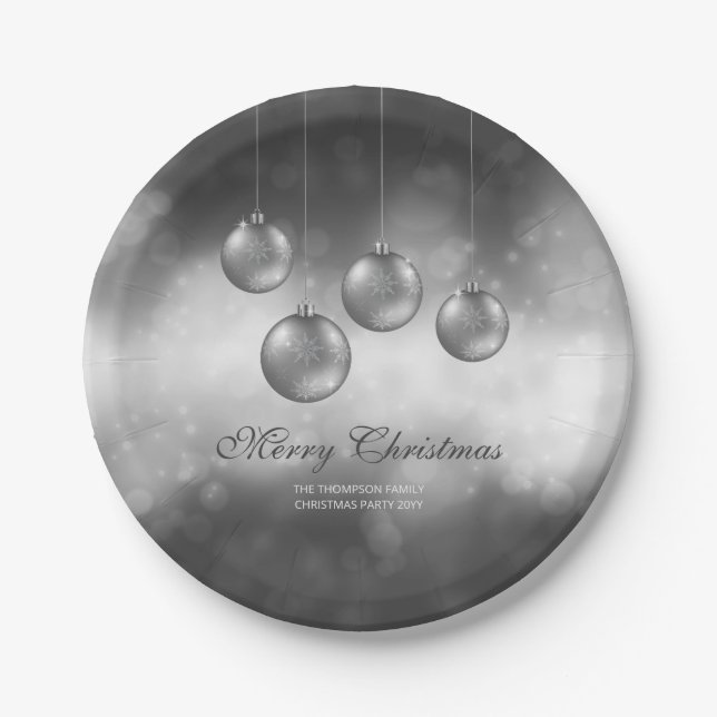 Silver Grey Christmas Baubles With Custom Text Paper Plate (Front)