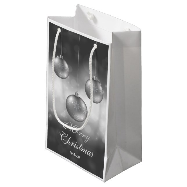 Silver Grey Christmas Baubles With Custom Text Small Gift Bag (Front Angled)